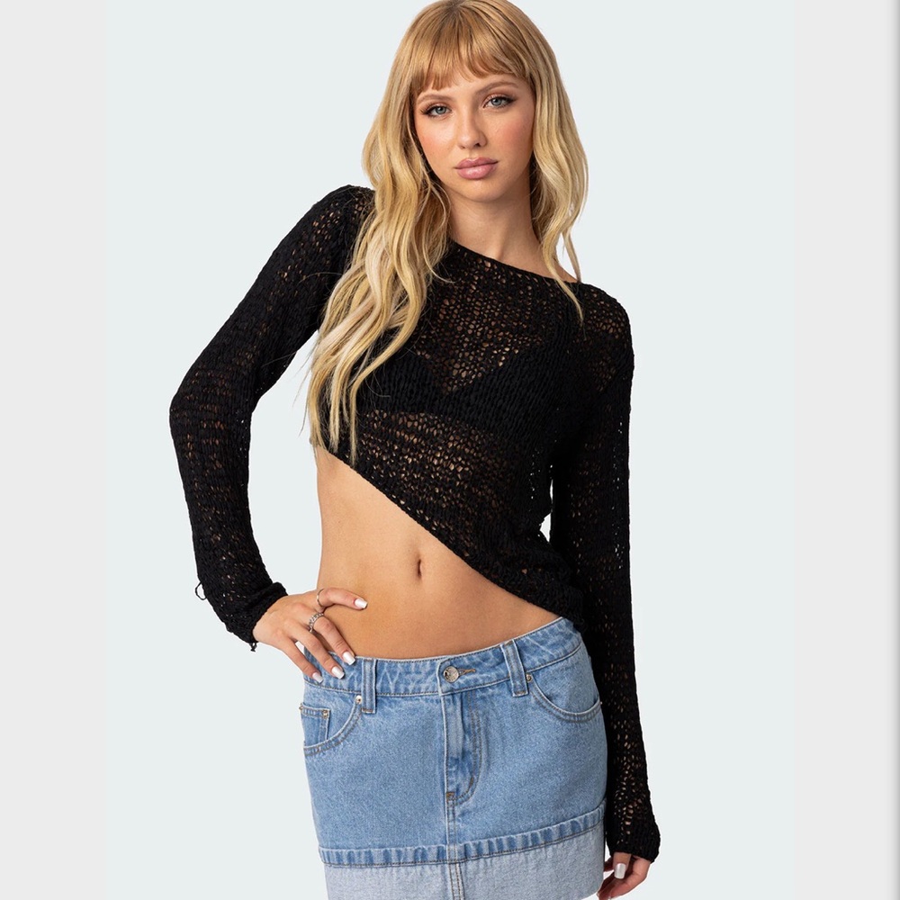Edikted Sheer Loose Knit Asymmetric Top